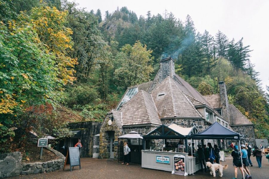 From Portland: Waterfalls, Mt Hood, and Wine Day Tour - Multnomah Falls: 620 feet, two drops, and that iconic lodge base